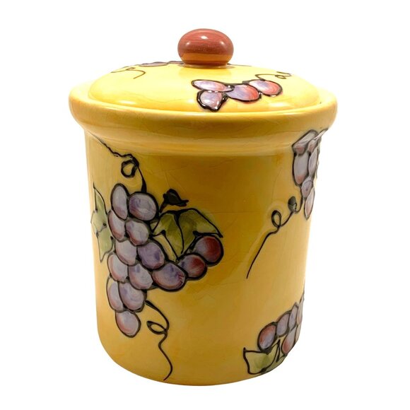 Lillian Vernon Canister Vintage Ceramic Yellow With Grape Design & Lid - Picture 2 of 5